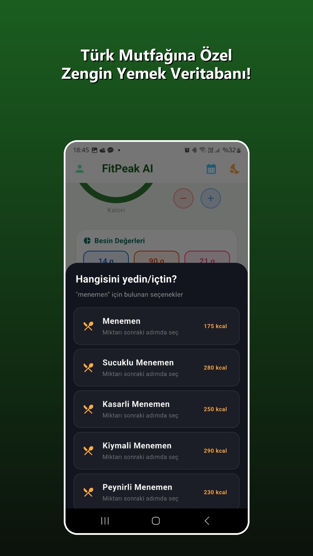 FitPeak Türk yemekleri arama ve seçim ekranı