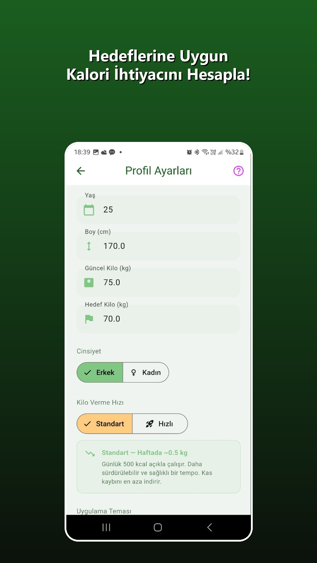 FitPeak profil ve hedef ayarları ekranı
