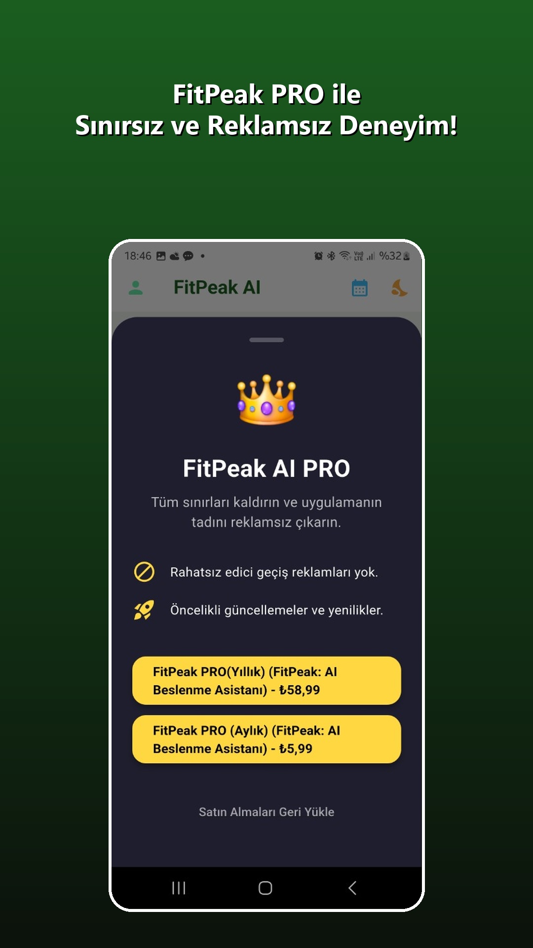 FitPeak PRO üyelik seçenekleri ekranı